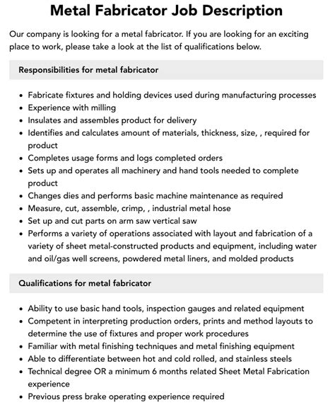 metal fabrication assistant job description|welder fabricator duties and responsibilities.